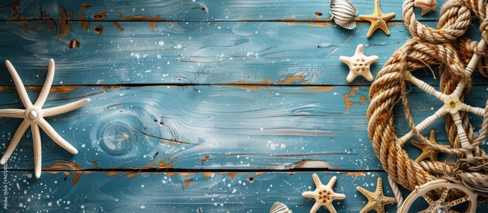 Poster Top view of a nautical themed summer background on a wooden surface with copy space image