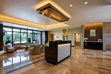 Luxury Hotel Lobby Featuring Contemporary Reception Desk and Tranquil Relaxation Area