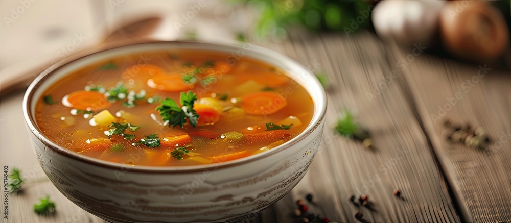 Poster a delightful vegetable soup in a bowl with a visually appealing copy space image
