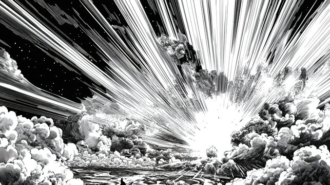 Black and white vector comic book-style illustration depicting a dramatic sky with thick clouds and a bright light bursting through in an explosion effect, capturing a powerful and dynamic scene.