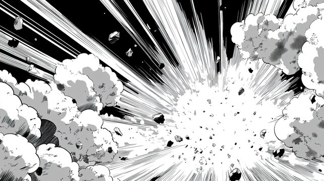 Black and white vector comic book-style illustration depicting a dramatic sky with thick clouds and a bright light bursting through in an explosion effect, capturing a powerful and dynamic scene.