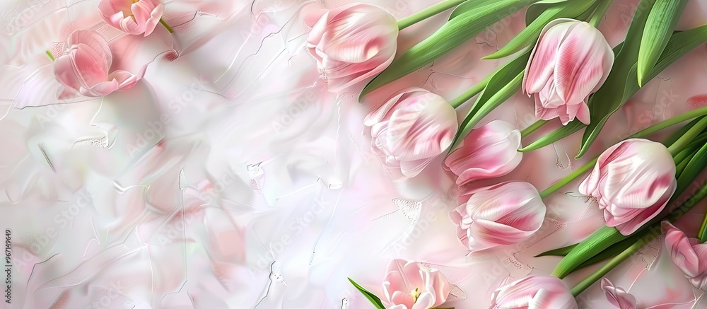 Aufkleber top view of a beautiful bunch of pastel pink tulips creating a floral border against a light backgro
