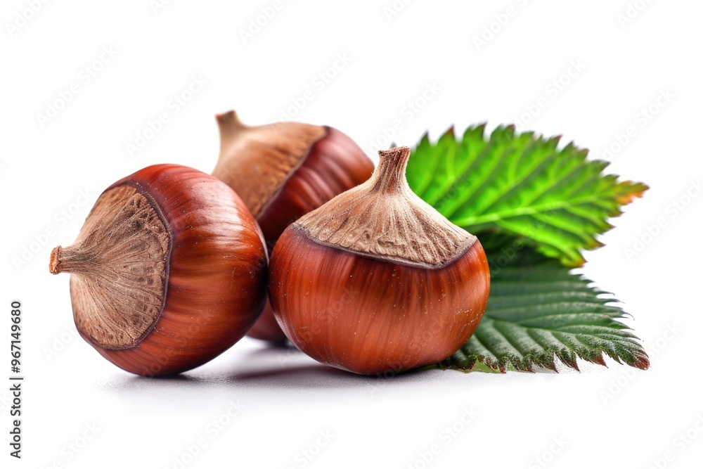 Poster a minimalist arrangement featuring two nuts and a leaf on a white background, perfect for use in ill