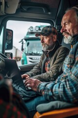 Obraz premium Two men seated in the driver's seat of a truck, ready for their journey