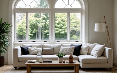 Modern luxury living room with elegant decor and minimalistic design..