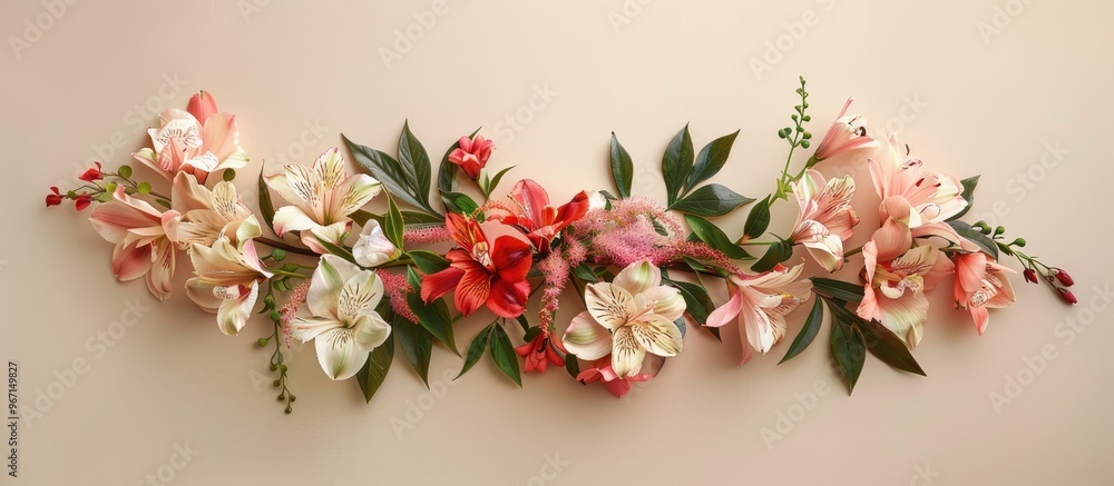 Poster top down view of floral arrangement on beige backdrop ideal for adding text or graphics copy space i
