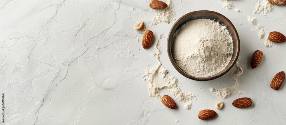 Poster top view of almond flour in a bowl and nuts on a white marble table with copy space image available