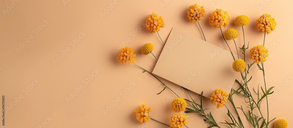Aufkleber top view flatlay featuring craspedia flowers on a beige background complemented by a greeting card m