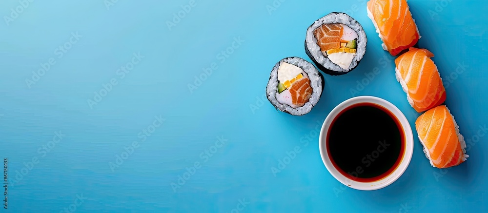 Aufkleber Take out sushi and maki with soy sauce on a blue background showcasing a concept of grab and go meals with copy space image