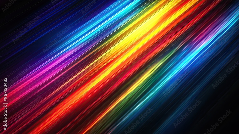 Poster vibrant streaks of light in rainbow colors against a dark background, creating an energetic and dyna