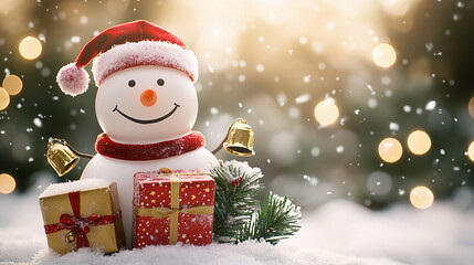 Fototapeta premium Winter holiday background banner cute snowman Merry christmas and happy new year