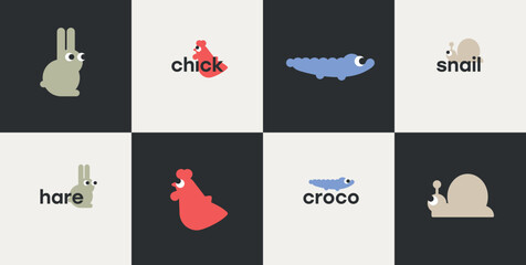 Aesthetic cute emotions shapes animal colorful minimalist geometric forms elements set for logo identification identity brand poster cards stickers designs 