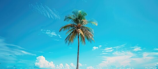 Obraz premium A lone tall palm tree against a vibrant blue sky offers a tropical vacation backdrop with ample copy space image