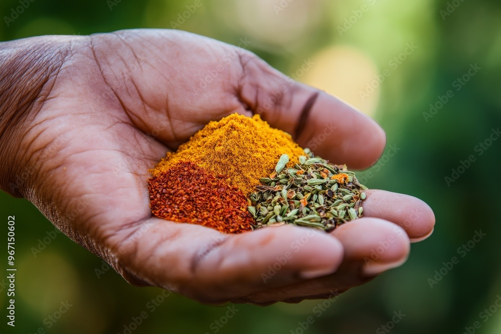 Poster A photograph capturing a hand filled with a mix of colorful and aromatic spices, illustrating the richness and diversity found in various culinary traditions.