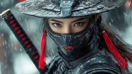 A Chinese female swordsman, clad in black fur armor and an antique hat, wields long katanas with red tassels on the hilts, and wears a mecha mask.