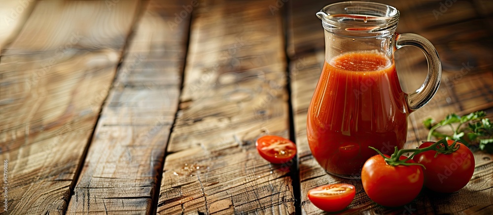 Aufkleber wooden table with a glass jug filled with fresh tomato juice providing space for text with a copy sp