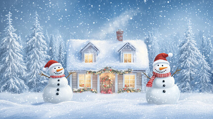 Obraz premium Winter holiday background banner cute snowman Merry christmas and happy new year