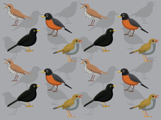Fototapeta premium Bird Thrushes Robin Blackbird Cartoon Cute Seamless Wallpaper Background