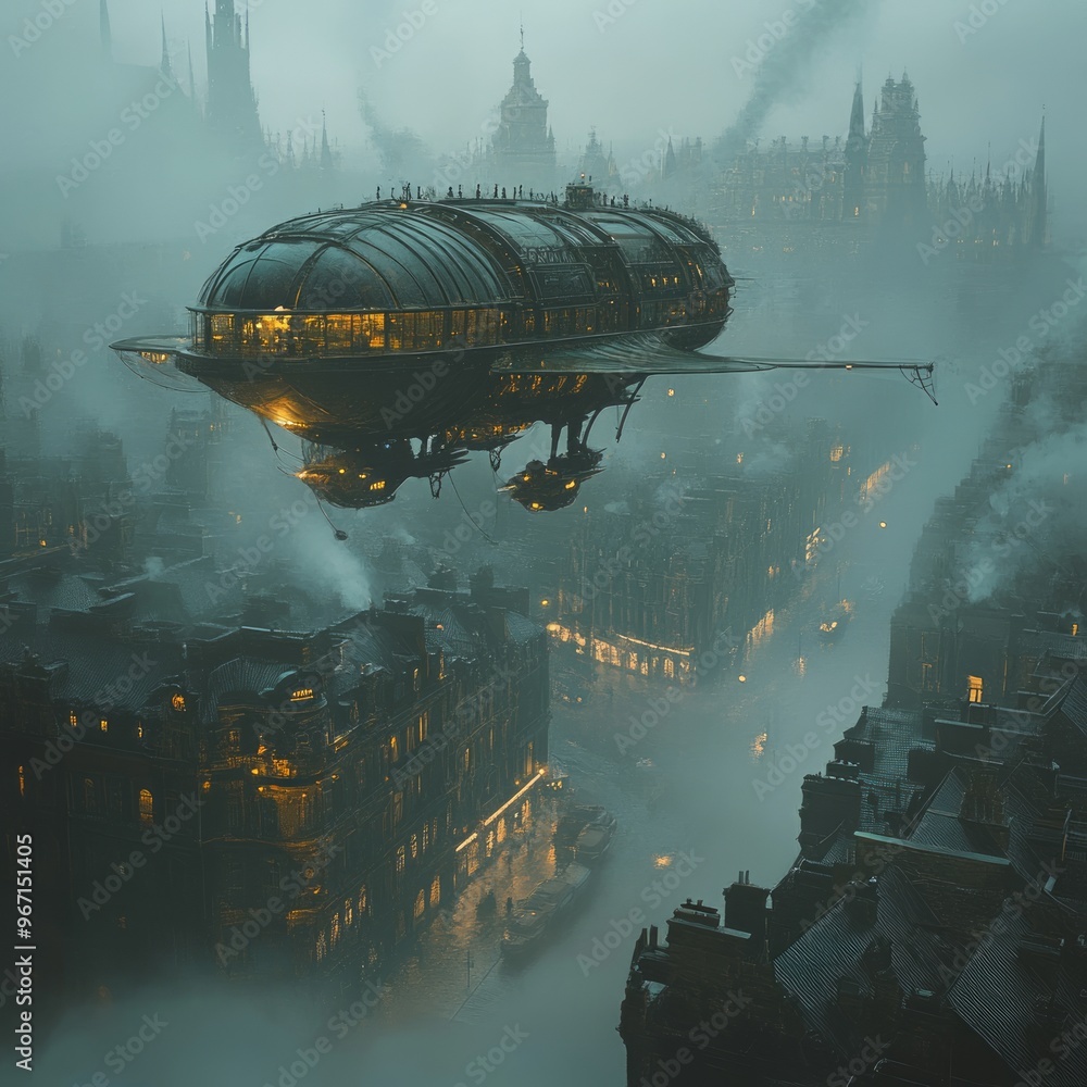 Sticker A steampunk airship flies over a foggy city with a view of the cityscape and many buildings.