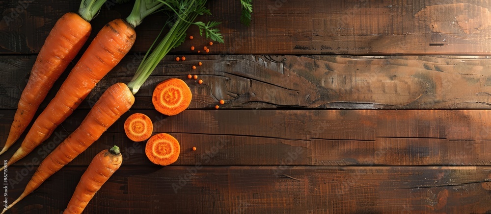 Fototapete carrots both whole and sliced arranged on a wooden surface for a flat lay composition with room for 