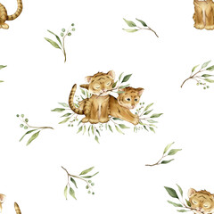 Seamless pattern with cute kawaii two tigers jumping and sitting with green branch eucalyptus. Watercolor hand drawn illustration african animal isolated. Cartoon kids print.