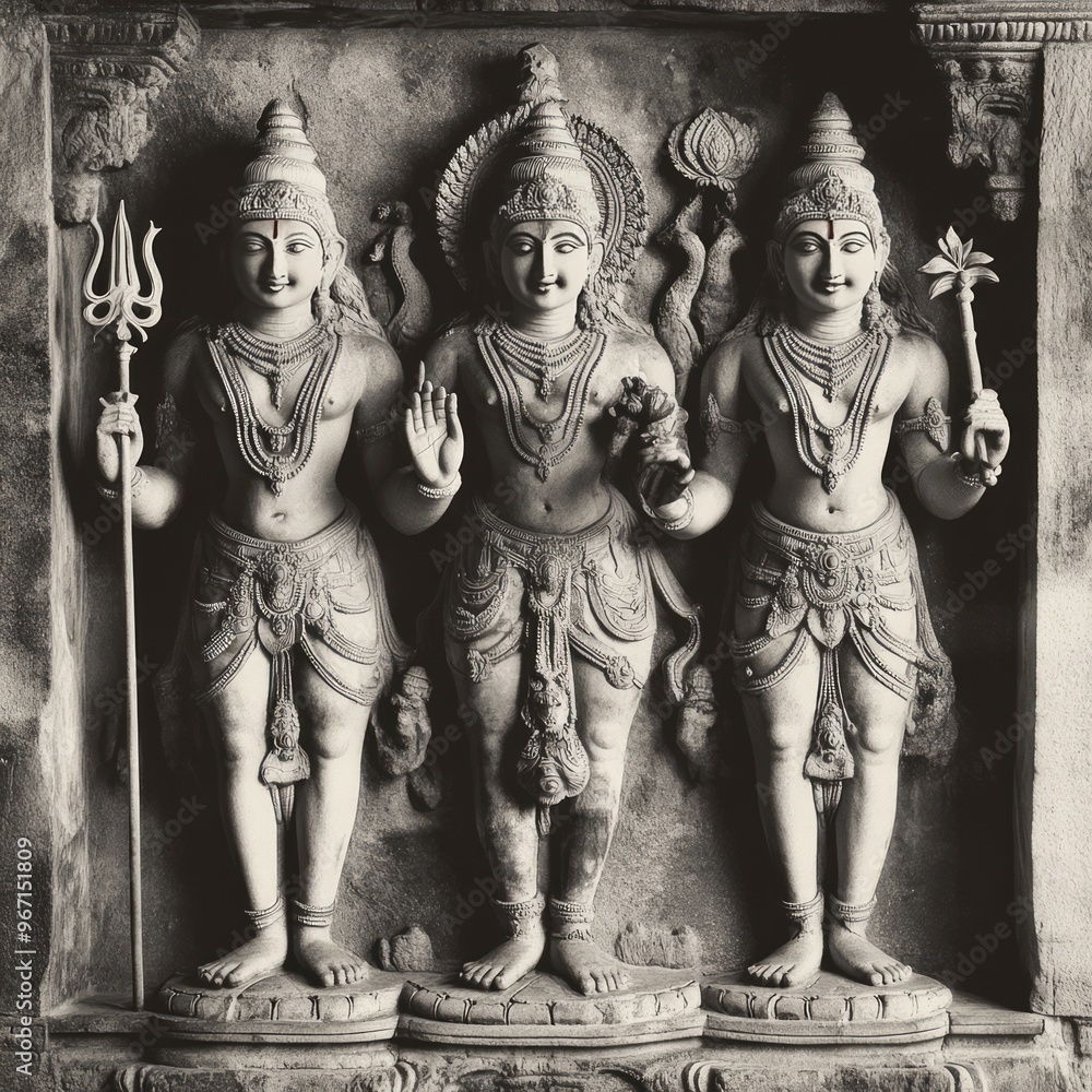 Poster A stone carving of three Hindu deities, Brahma, Vishnu, and Shiva, with intricate details and a peaceful expression.