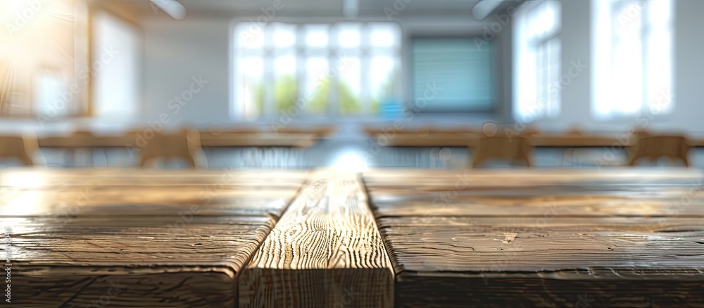 Aufkleber blurred classroom setting with a wooden cabinet table in focus displaying ample copy space image
