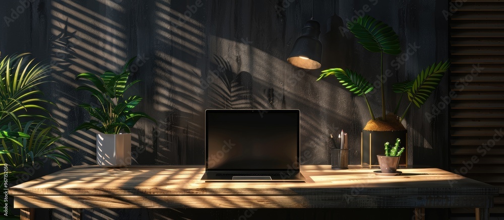 Aufkleber remote work setting concept with a wooden desk a laptop and a serene atmosphere depicted in the copy