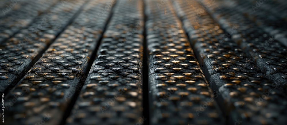 Poster Dark copyspace image with a golden circle chain mesh creating a grid like sunbeam on the textured natural wood surface