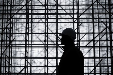 Silhouette of a Construction Worker Against a Scaffolding Net