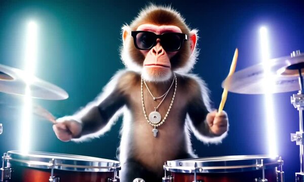 a monkey with sunglasses plays a drum