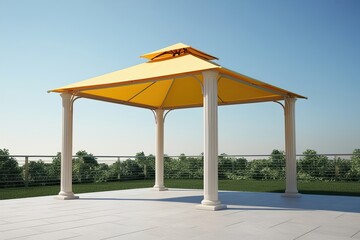 Elegant Yellow Canopy Gazebo with Modern Pillars and Open Entryway on Bright White Background