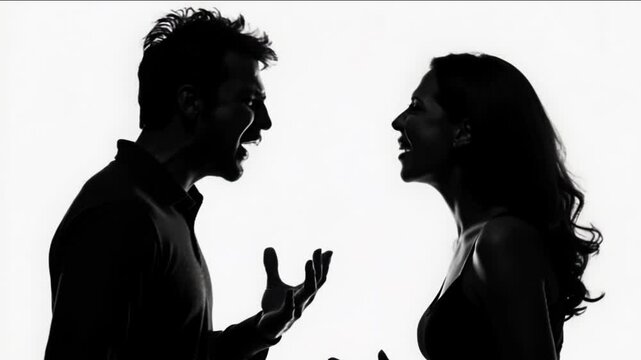 Dark silhouettes of man and woman who emotionally argue with each other.