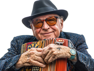 a man in a hat and sunglasses playing an accordion