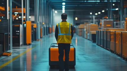 Worker in Safety Vest Stands by Automated Guided Vehicle in Warehouse