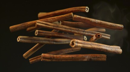 A pile of cinnamon sticks arranged neatly on a table, great for kitchen or baking scenes