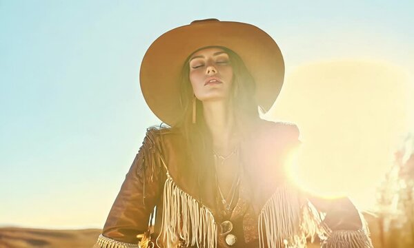 Beautiful sensual model posing for camera in western style. Fashion concept.