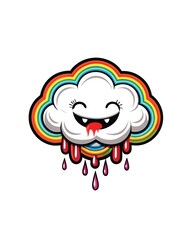 A smiling cloud with tiny fangs  floating above a rainbow.