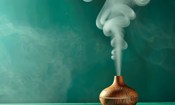 Wooden-patterned aroma diffuser emitting smoke on green background