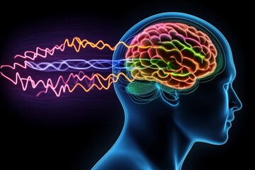 Obraz premium Cognitive expansion cognitive release neuroplasticity and cognitive process blue human brain with neural signals visualizing brain activity and cognitive waves