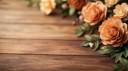 Paper flowers delicately arranged on a rustic wooden surface, soft pastel hues, realistic texture, natural light, intricate floral details, vintage aesthetic, high detail