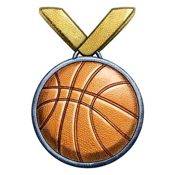 recommend clip art: A 3D illustration of a gold medal with a basketball design.