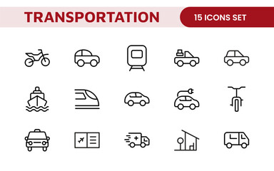 Transport icon set. Containing distribution, shipping, transportation, delivery, cargo, freight, route planning, supply chain, export and import icons. Solid icon collection.