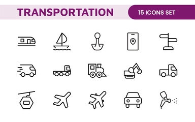 Transport icon set. Containing distribution, shipping, transportation, delivery, cargo, freight, route planning, supply chain, export and import icons. Solid icon collection.