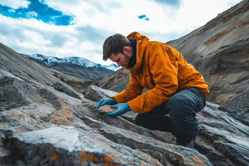 skilled geologist examining rock samples in a rugged landscape