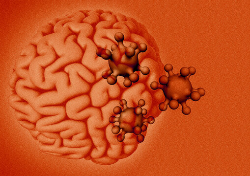 Human brain with virus particles, illustration