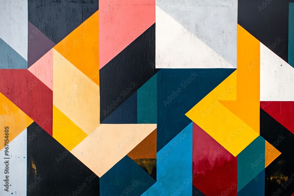 Leinwandbilder This image showcases an abstract geometric pattern with vibrant color blocks, featuring intersecting shapes and contrasting colors in a visually dynamic composition.