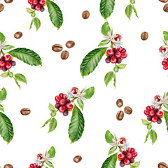 Seamless Watercolor Coffee Branch and Beans Pattern on White Background