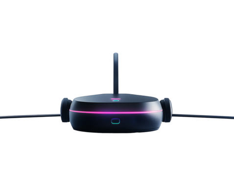 a black wireless device with a pink light
