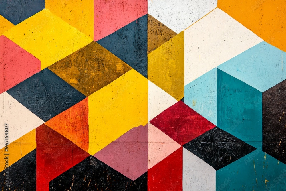 Poster this image presents a bold geometric design featuring a mix of bright and dark colors, with intersec